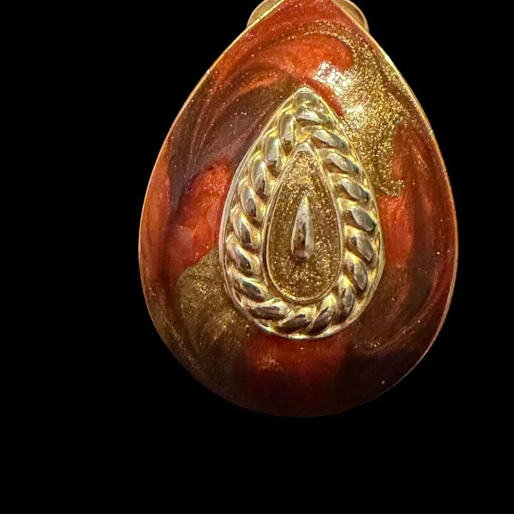 VTG pear shape enamel clip on earrings rust gold Made USA glittery 1.25